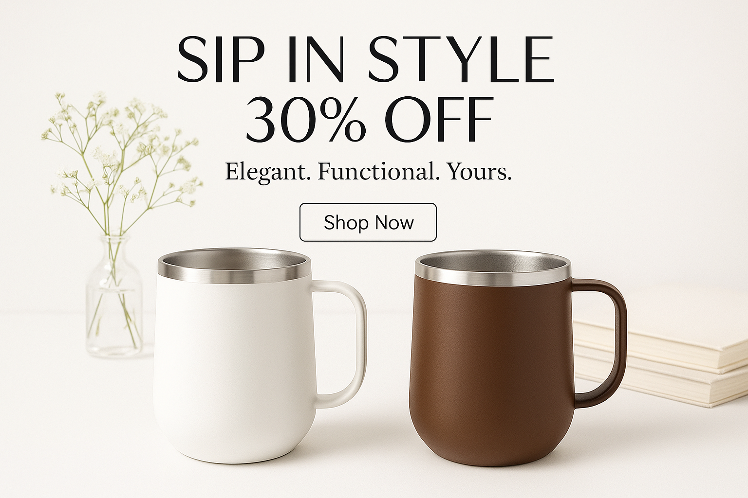 Design a 600x500 px promotional banner for a premium insulated mug with handle and metallic rim. Place two elegant mugs (one white, one brown) on a clean white background with soft shadows. Add minimal elements like flowers or books for a lifestyle feel. Main headline in bold modern font: ‘SIP IN STYLE – 30% OFF’. Subtext: ‘Elegant. Functional. Yours.’ Add a clean button: ‘Shop Now’. Keep the tone minimal, elegant, and visually premium.